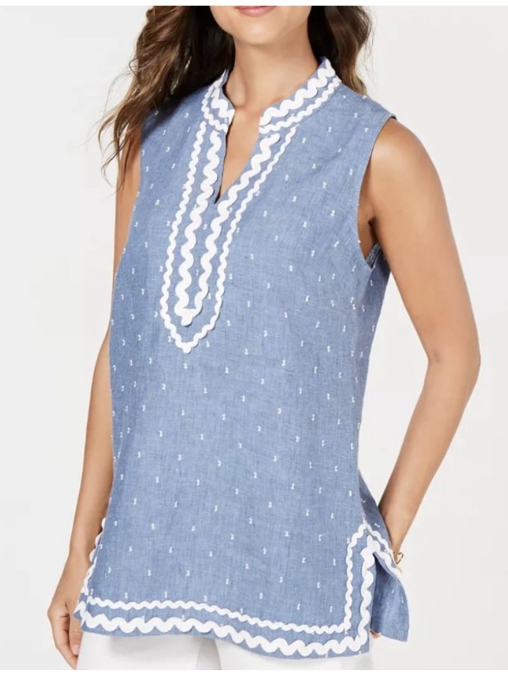 ❗️100% Linen Charter Club Ric Rac Chambray  Sleeveless Tunic White Trim NWT $70!